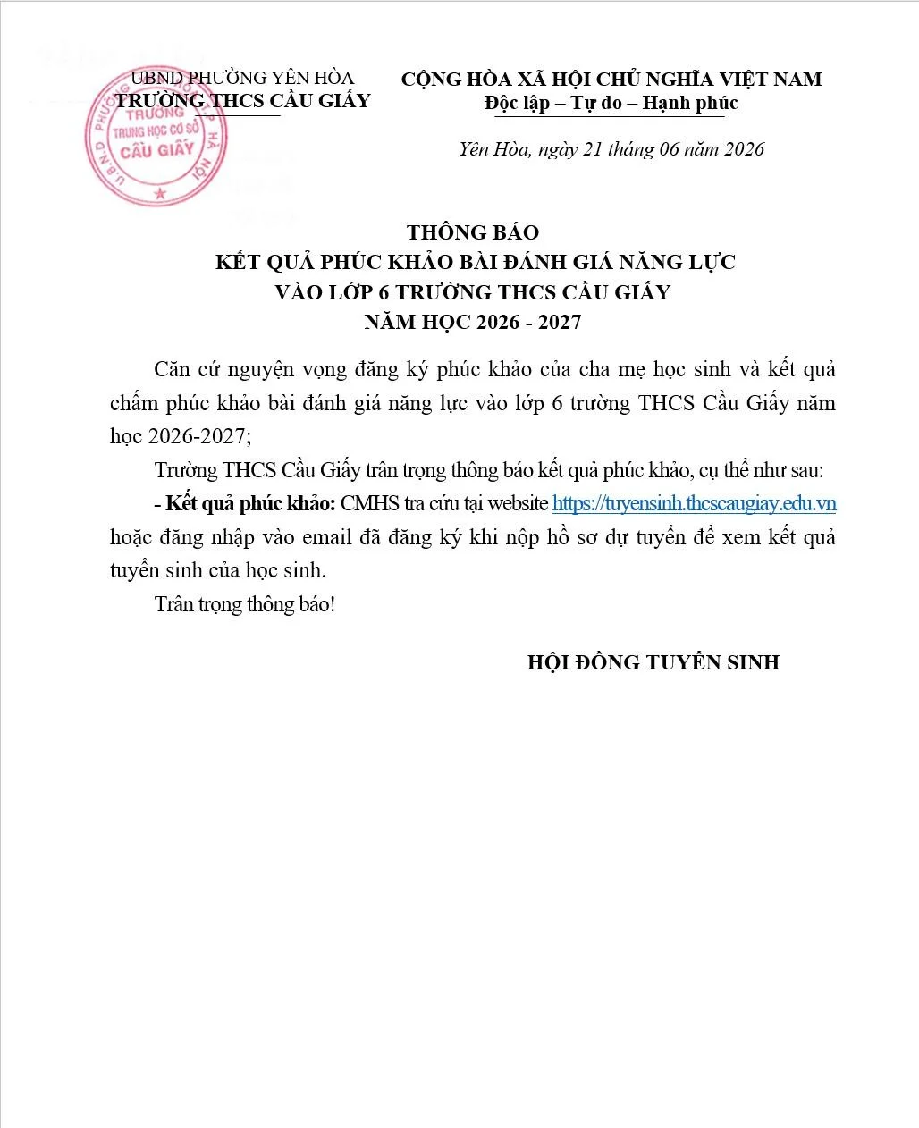 KẾT QUẢ PHÚC KHẢO BÀI ĐÁNH GIÁ NĂNG LỰC VÀO LỚP 6 TRƯỜNG THCS CẦU GIẤY NĂM HỌC 2026 – 2027