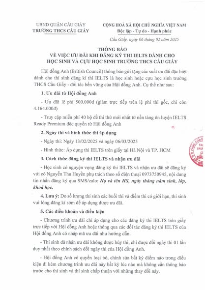 THÔNG BÁO VỀ VIỆC ƯU ĐÃI KHI ĐĂNG KÍ THI IELTS DÀNH CHO HỌC SINH VÀ CỰU HỌC SINH TRƯỜNG THCS CẦU GIẤY