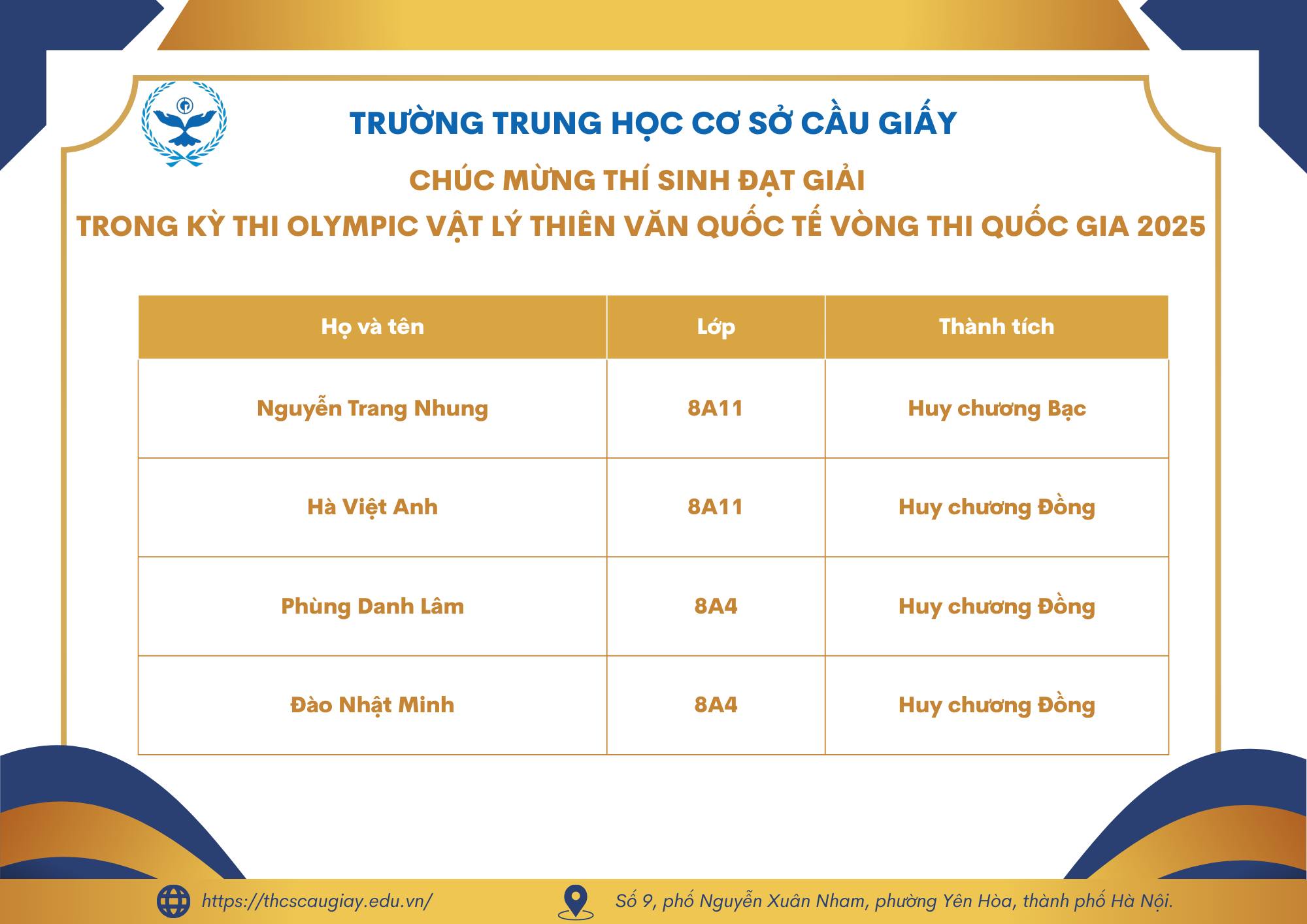 HỌC SINH CẦU GIẤY TỎA SÁNG TẠI KỲ THI OLYMPIC THIÊN VĂN QUỐC TẾ VÒNG QUỐC GIA NĂM 2025