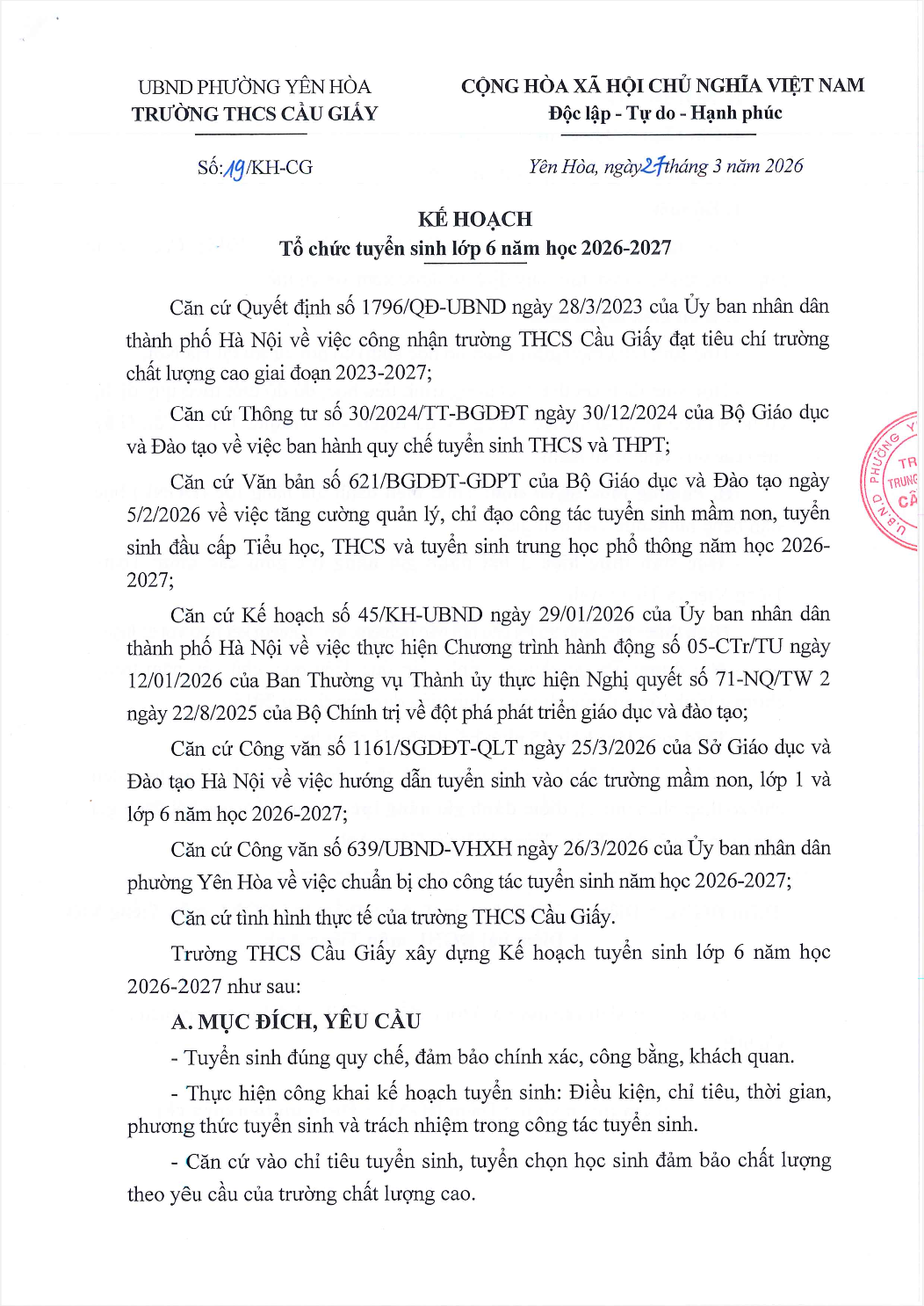 KẾ HOẠCH TUYỂN SINH LỚP 6 NĂM HỌC 2026-2027