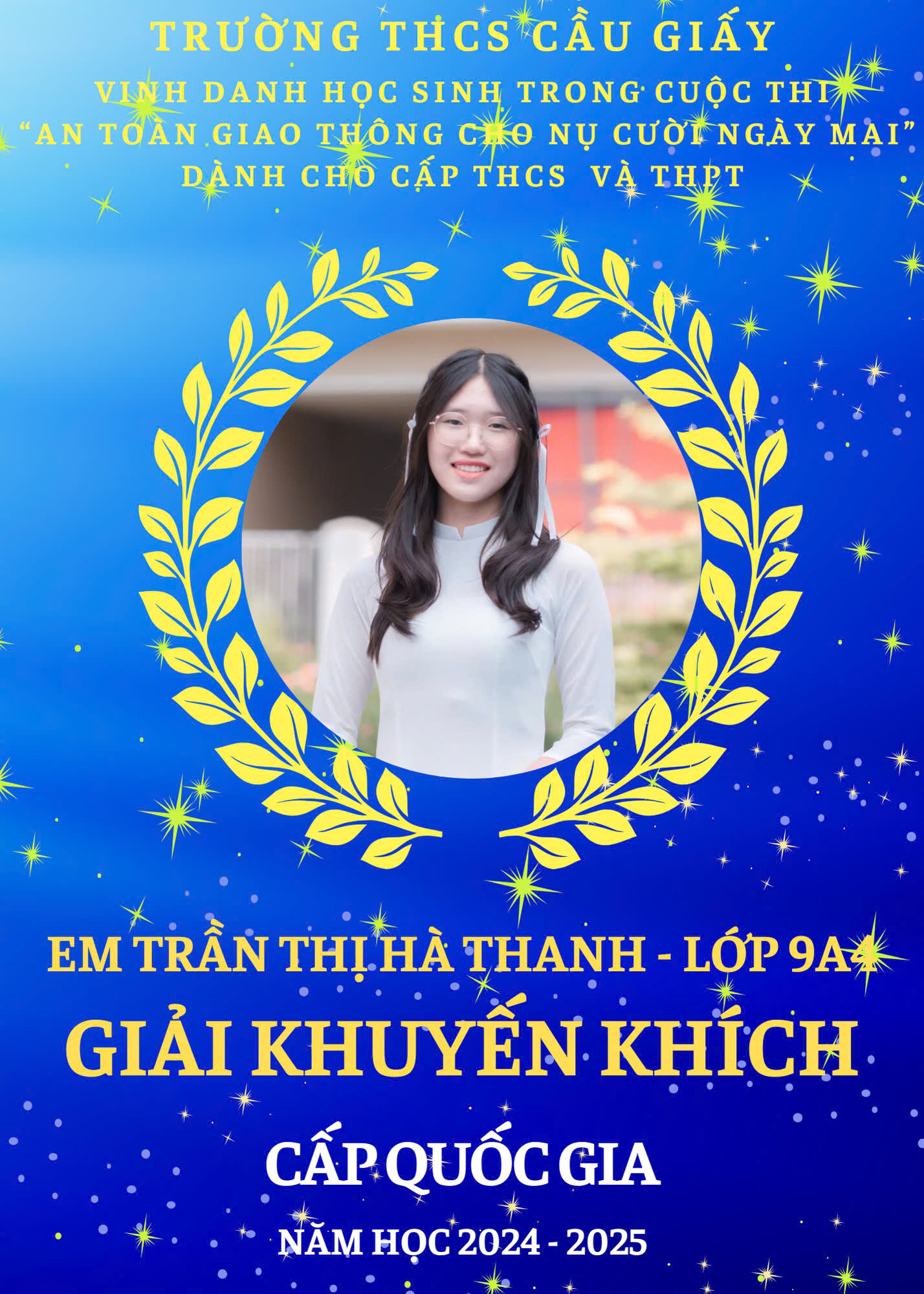 CHÚC MỪNG EM TRẦN THỊ HÀ THANH LỚP 9A4 ĐẠT GIẢI KHUYẾN KHÍCH QUỐC GIA CUỘC THI “AN TOÀN GIAO THÔNG CHO NỤ CƯỜI NGÀY MAI”