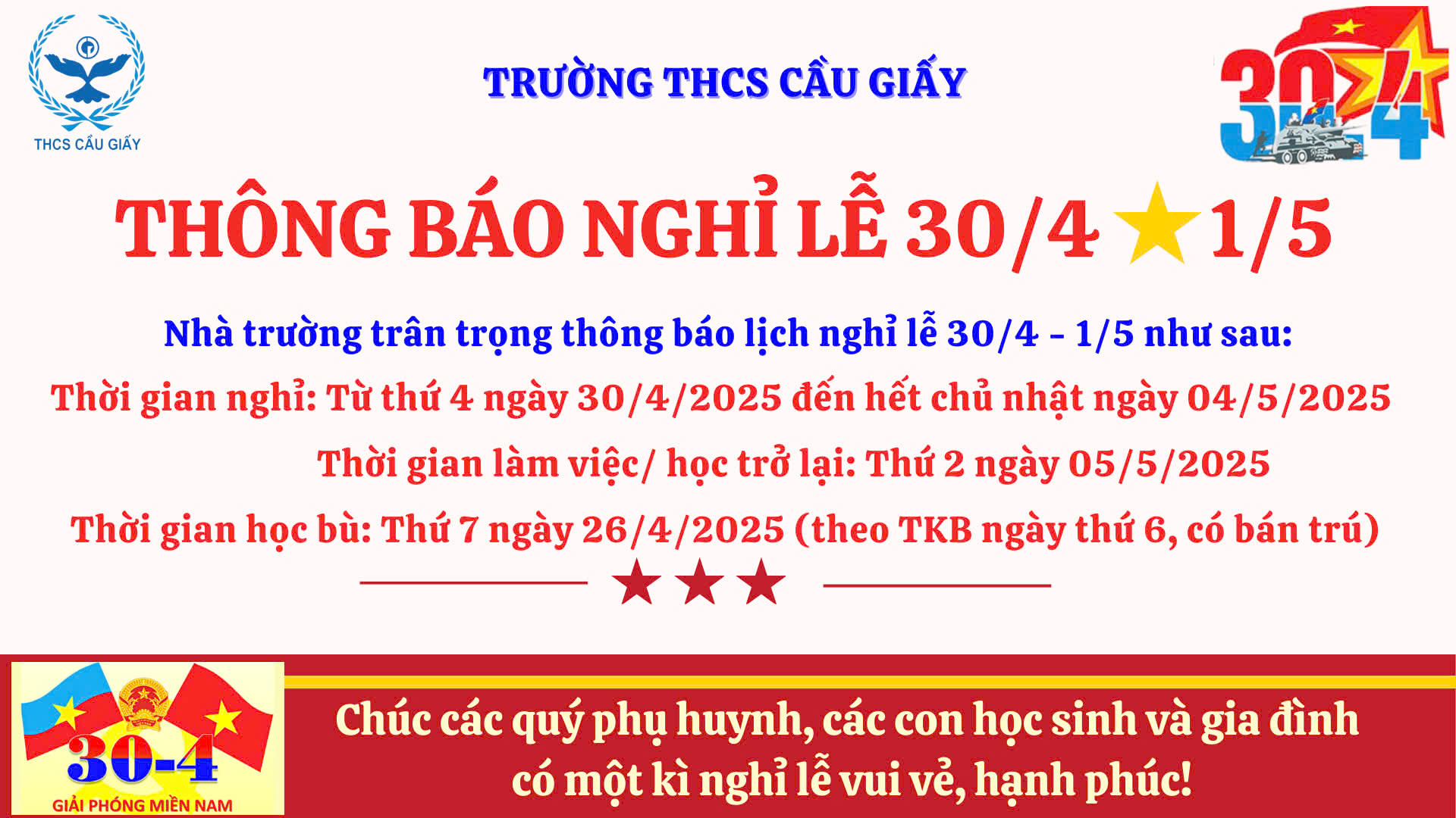 📢 📢 📢 THÔNG BÁO LỊCH NGHỈ LỄ 30/4 – 1/5