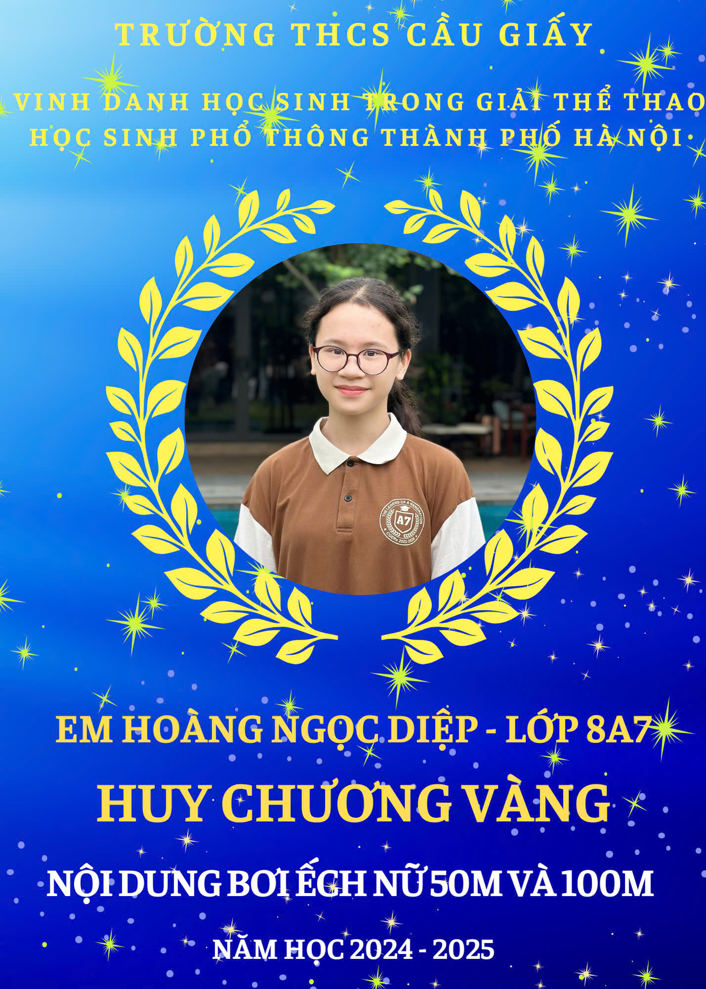 EM HOÀNG NGỌC DIỆP XUẤT SẮC CHINH PHỤC ĐƯỜNG BƠI VỚI HAI HUY CHƯƠNG VÀNG TẠI GIẢI THỂ THAO HỌC SINH PHỔ THÔNG THÀNH PHỐ HÀ NỘI NĂM HỌC 2024–2025